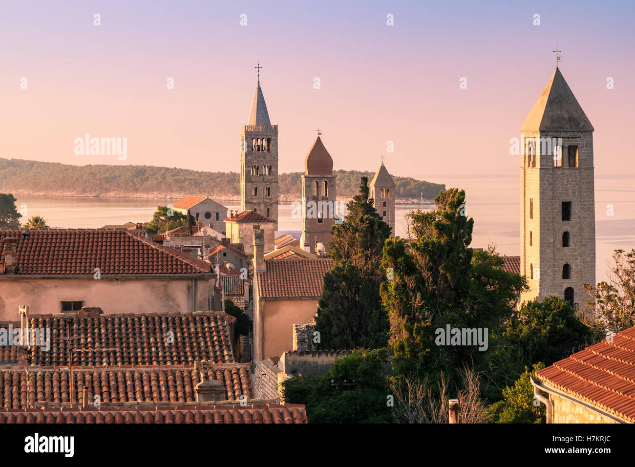 View of the town of Rab, Croatian tourist resort famous for its four bell towers. Stock Photo