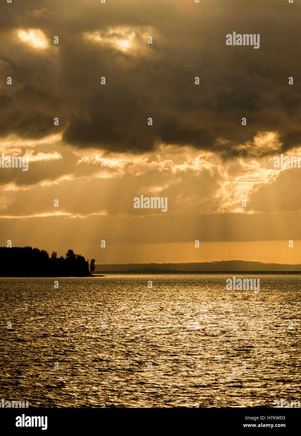 Lake at twilight, silhouette of forest and dramatic sky with sunbeams ...