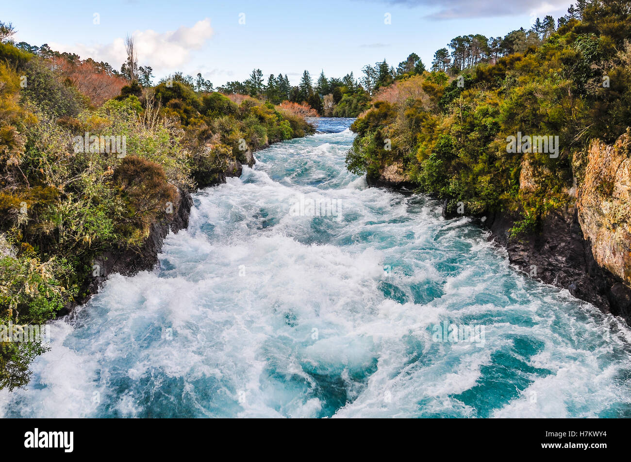 The rushing wild stream of Huka Falls near Lake Taupo, New Zealand Stock Photo