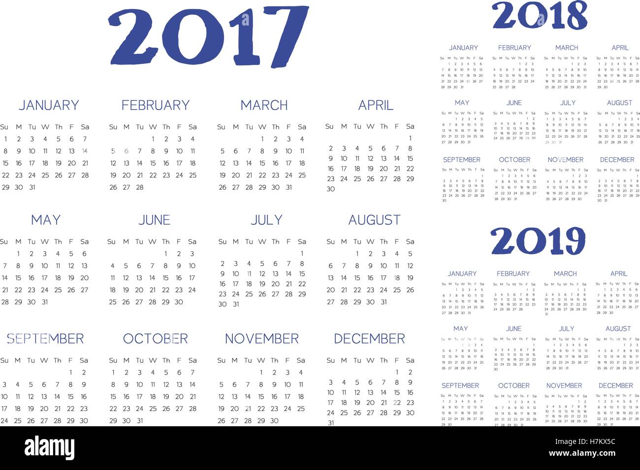 English Calendar 2017-2018-2019 vector blue and black Stock Vector