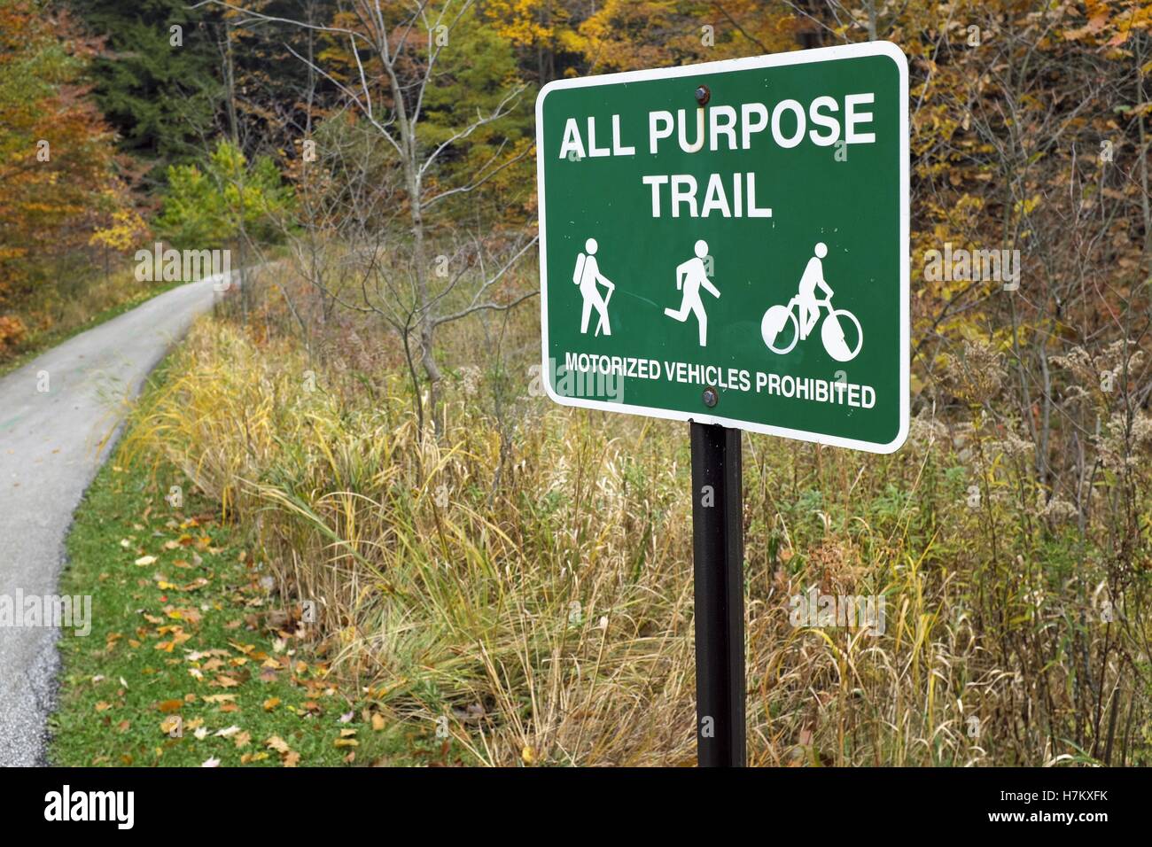 All Purpose Trail Sign posted alongside a public recreation trail in the Cleveland Metroparks in Cleveland, Ohio, USA. Stock Photo