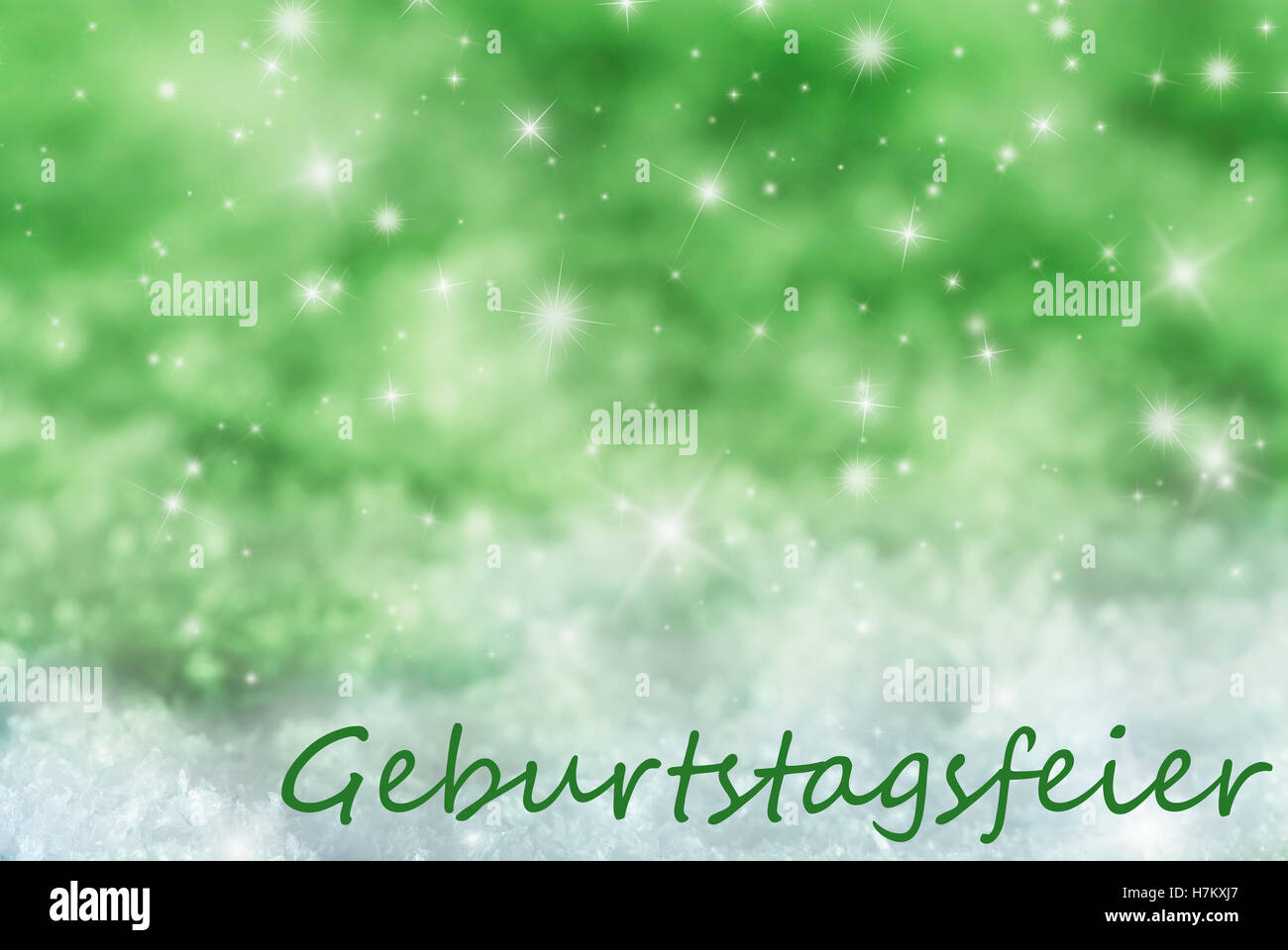 Green Sparkling Background, Snow, Geburtstagsfeier Means Birthday Party Stock Photo