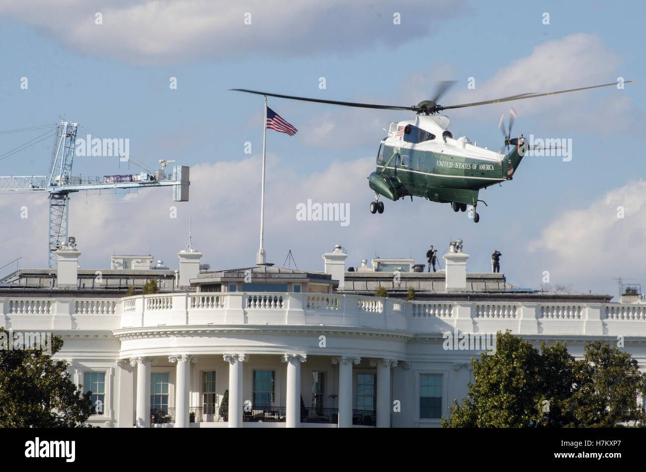 Presidential helicopter Marine One makes its final approach for landing on the White House South Lawn. Stock Photo