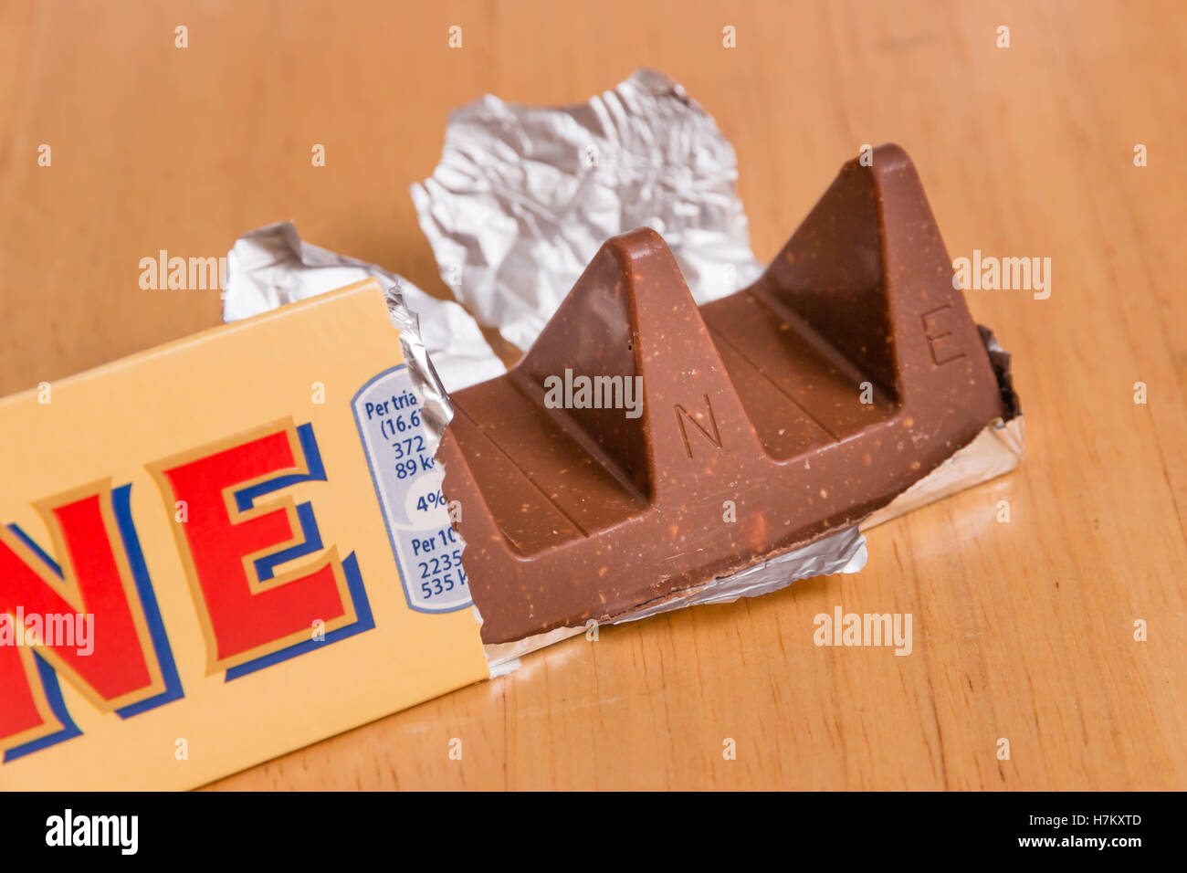A close up of the wider gaps between pieces of a 150g Toblerone. Stock Photo