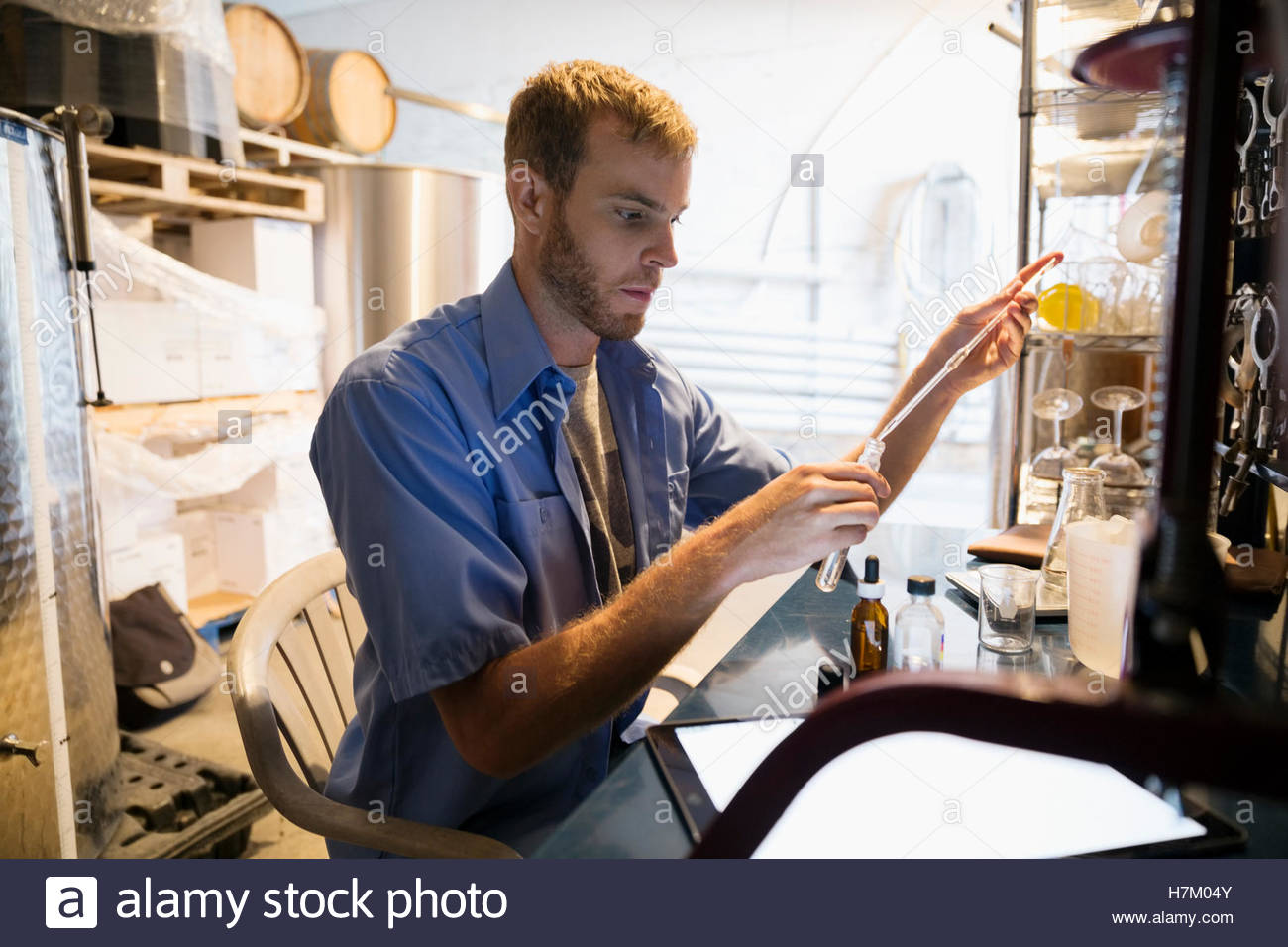 Vintner with pipette and test tube checking wine Stock Photo Alamy
