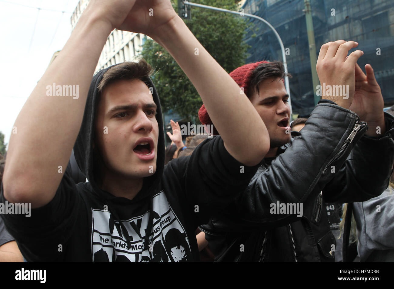 Athens, Greece. 7th Nov, 2016. Students chant slogans during anti-government rally in the center of Athens. Credit:  Aristidis Vafeiadakis/ZUMA Wire/Alamy Live News Stock Photo