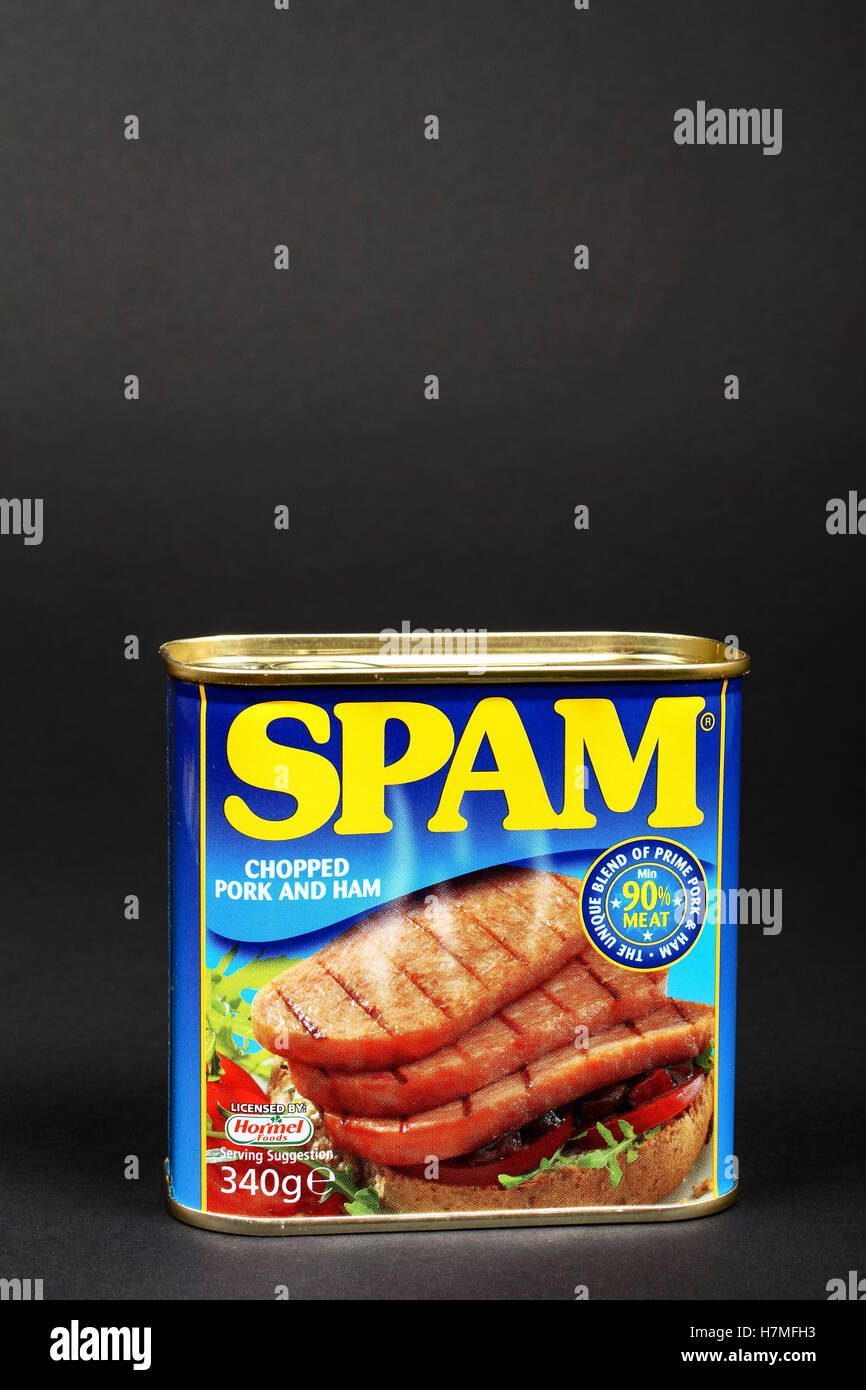 Tinned spam isolated on a black background Stock Photo - Alamy