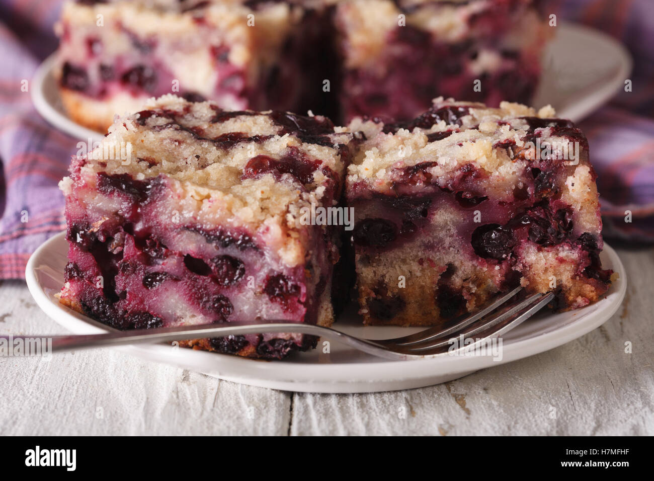 Sponge cake with blueberries close-up on a plate on the table. horizontal Stock Photo