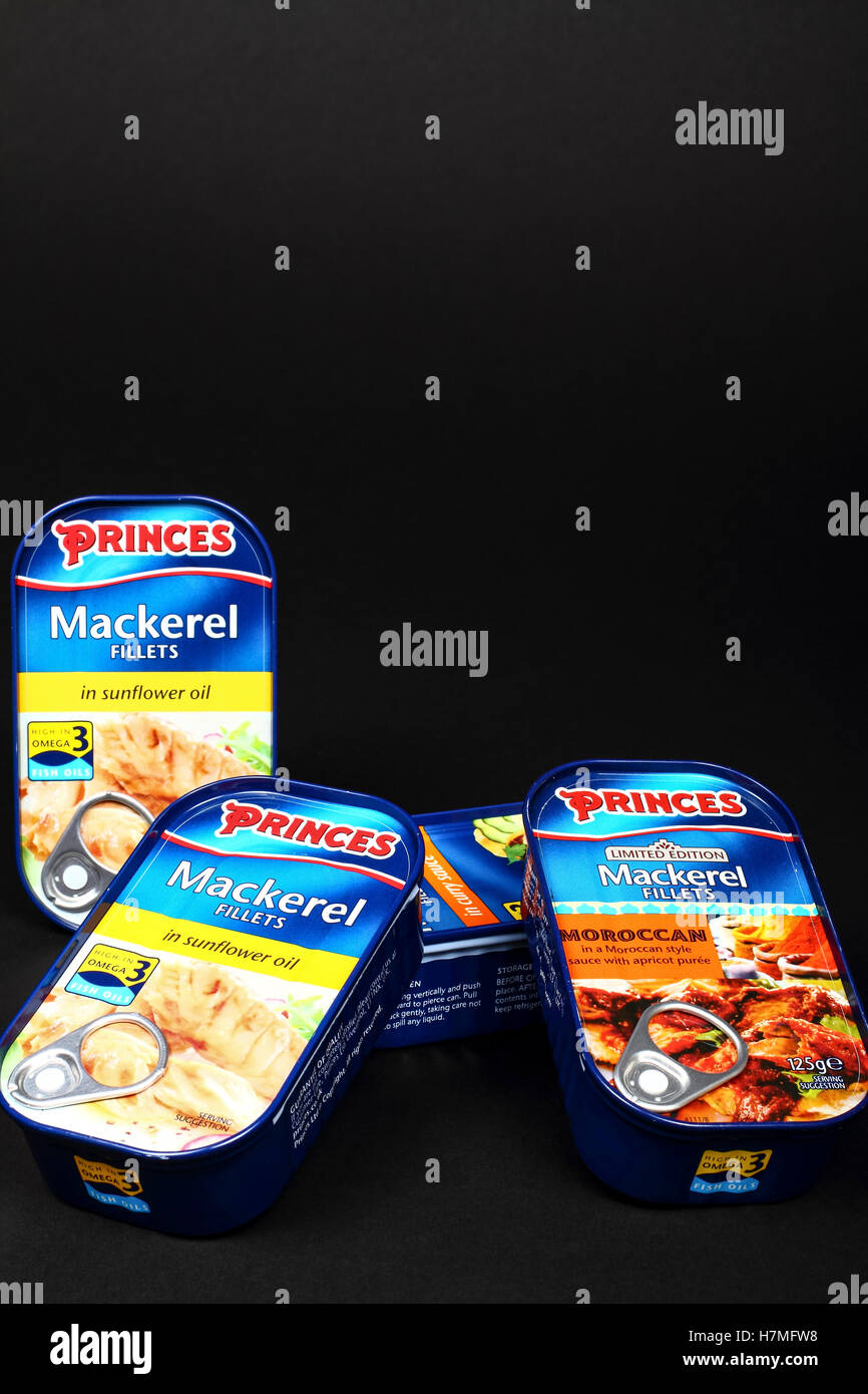 Princes tinned mackerel fillets isolated on a black background Stock