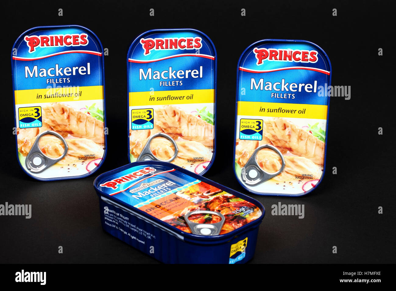 Princes tinned mackerel fillets isolated on a black background Stock