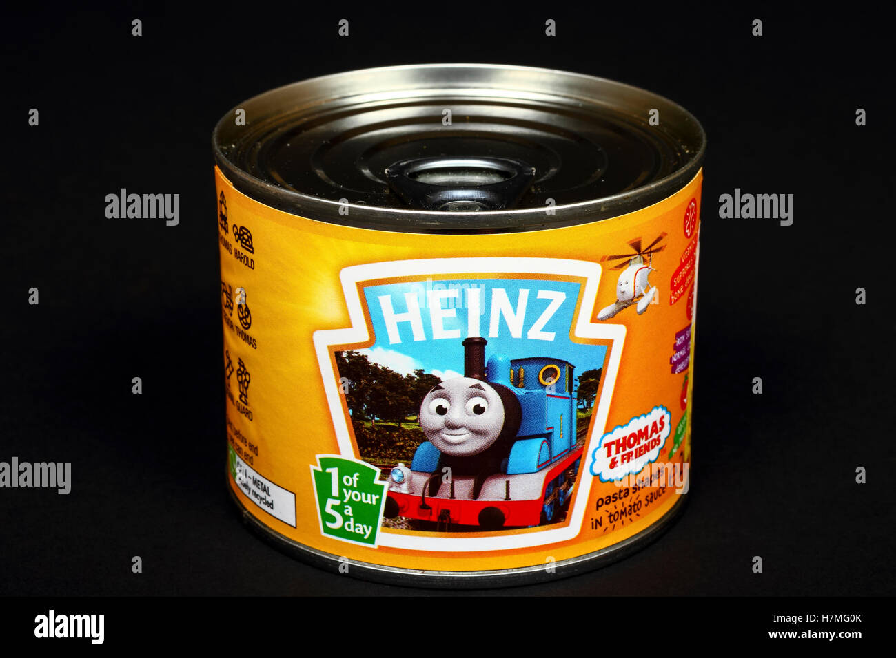 Heinz Thomas the tank engine pasta shapes isolated on a black background Stock Photo