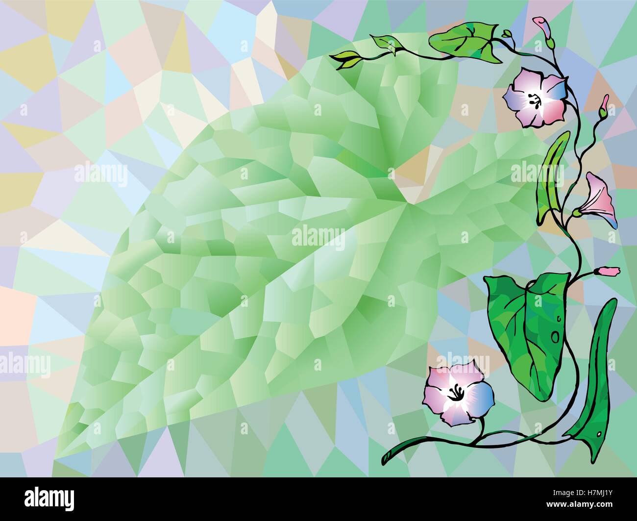 background of the triangles with the image of leaf and flowers bindweed Stock Vector