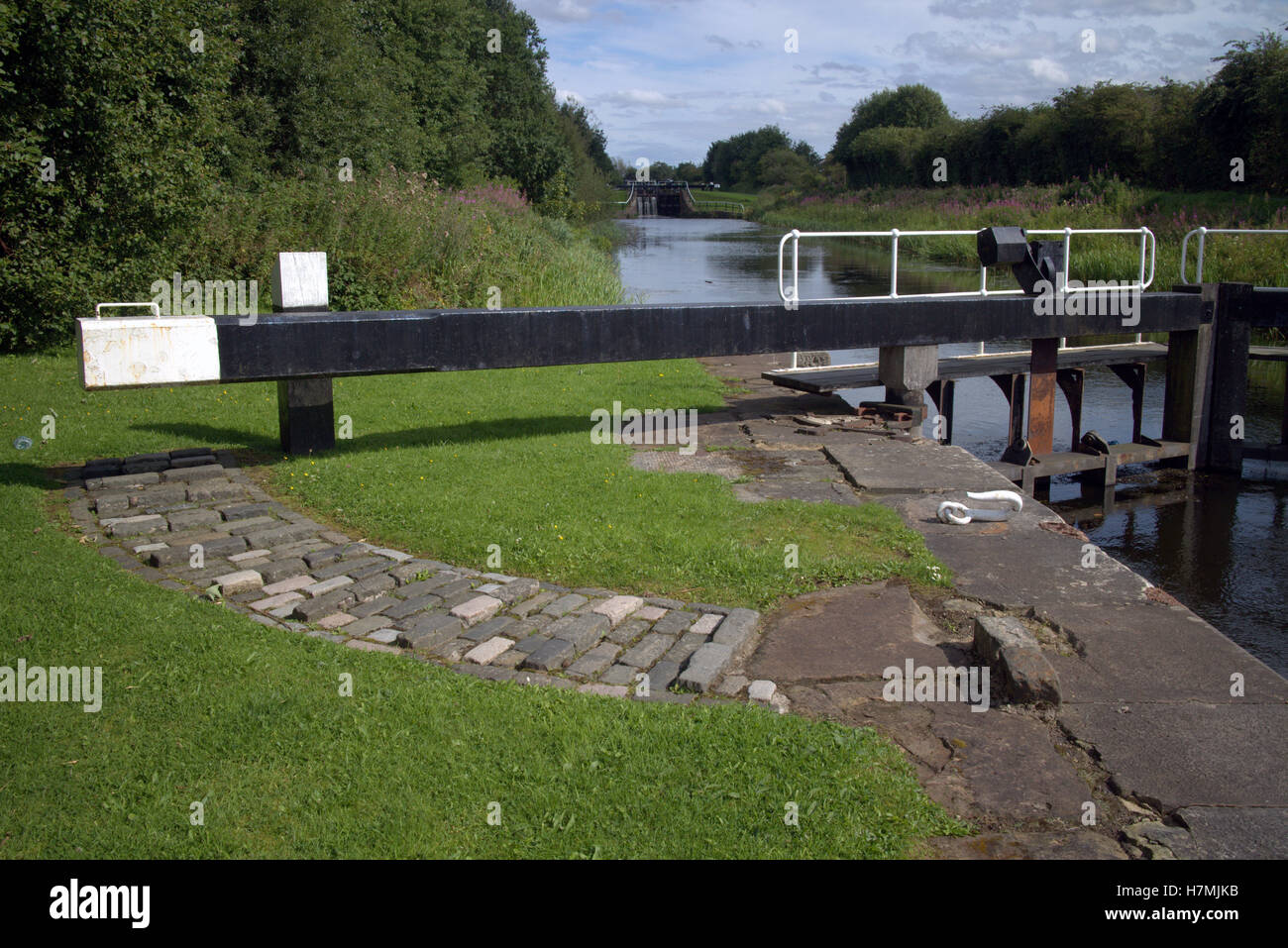 lock bridge  Forth and Clyde canal path pushing to open Stock Photo