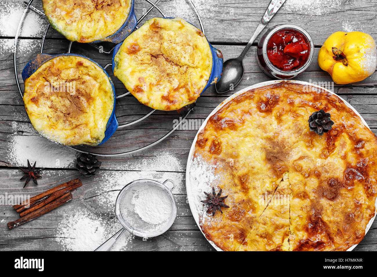 Rustic pie with quince and jam with spices Stock Photo