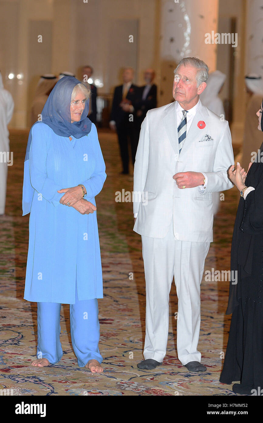 The Prince of Wales and the Duchess of Cornwall visit Sheikh Zayed Grand Mosque in Abu Dhabi, United Arab Emirates, during the royal tour of the Middle East. Visitors to the mosque must remove their footwear, and Charles walked round in black socks while his wife went barefoot. Stock Photo