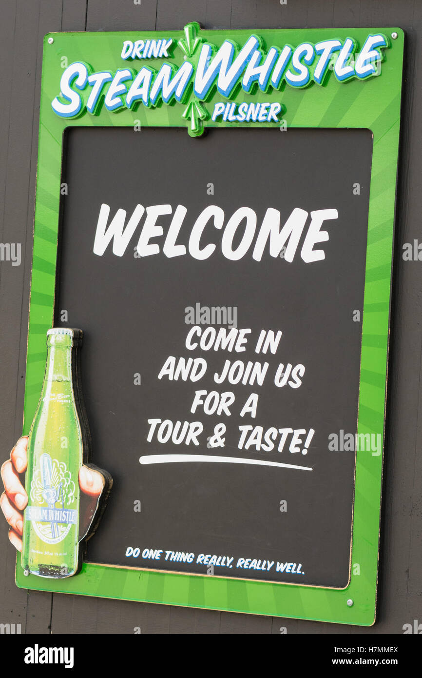 Steam Whistle pilsner beer, tour taste advertising poster, Toronto, Ontario, Canada Stock Photo