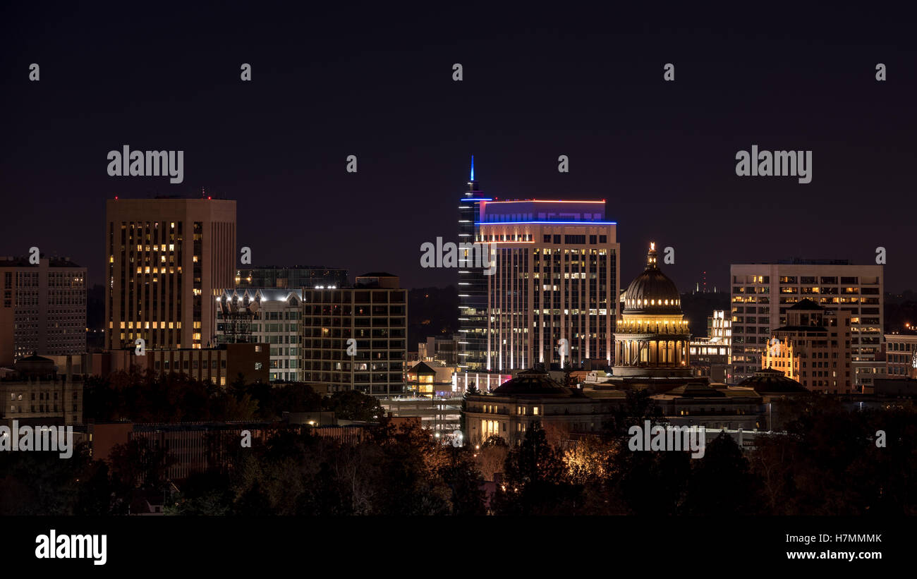 Close up of the Boise Idaho sky line at night with lights on Stock
