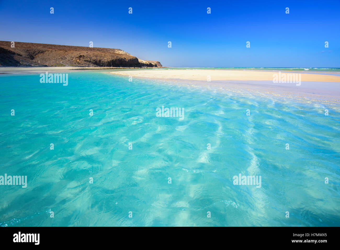 Island with sandy beach, green lagoon and clear water, Fuerteventura, Canary island, Spain. Stock Photo
