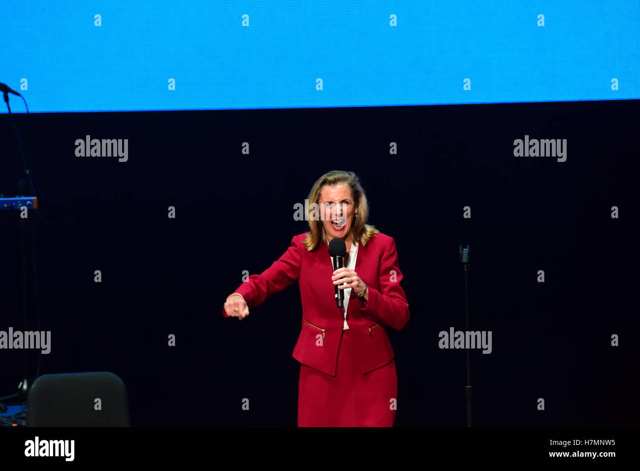 US senatorial candidate Katie McGinty speaks for Hillary. Hillary Clinton made a campaign stop in Philadelphia's Mann Center for the Performing Arts accompanied by pop star Katy Perry, who sang several of her classic stand-bys, including 'Roar!' which has been used by the Clinton campaign in their appeals. Prior to the candidate's appearance, the audience heard from Senator Corey Booker, US Representative Bob Brady, Senatorial candidate Katie McGinty and actress Debra Messing. TV producer Shonda Rimes introduced Mrs. Clinton to packed & enthusiastic crowd. (Photo by Andy Katz/Pacific Press) Stock Photo