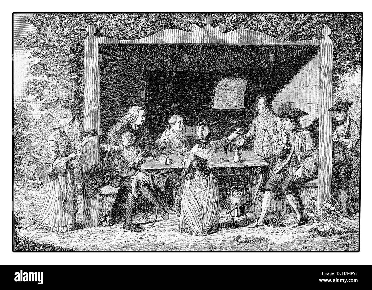 Year 1763, spring trip to the countryside,  happy company drinking and chatting leisurely Stock Photo