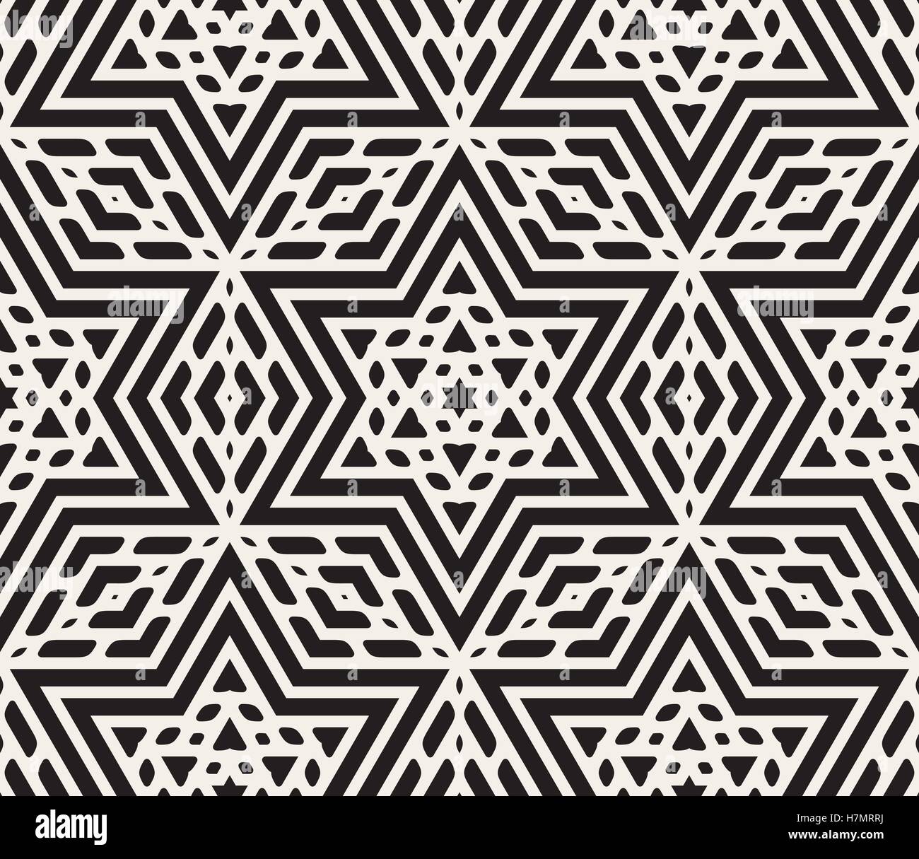 Vector Seamless Black and White Rounded Floral Star Oriental Hexagonal ...