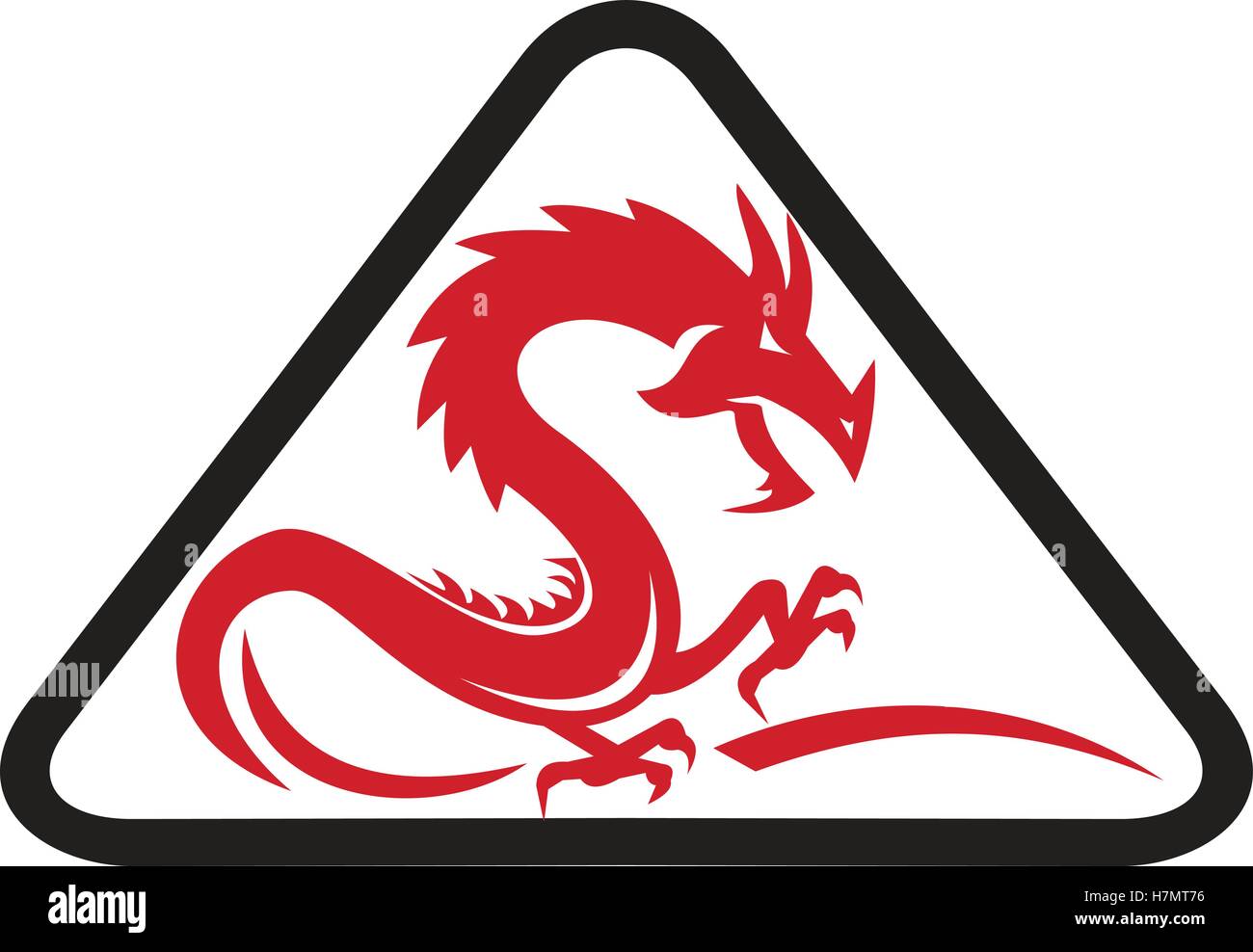Illustration of a silhouette of a red dragon viewed from the side set inside triangle shape on isolated background done in retro style. Stock Vector