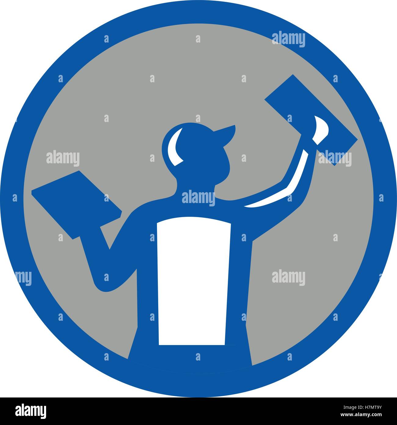 Illustration of a plasterer masonry tradesman construction worker holding trowel plastering viewed from rear set inside circle on isolated background done in retro style. Stock Vector