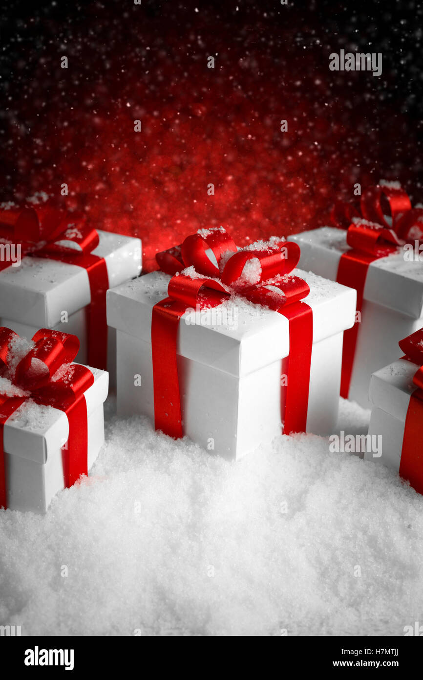 Christmas gift boxes with a large red bow Stock Photo