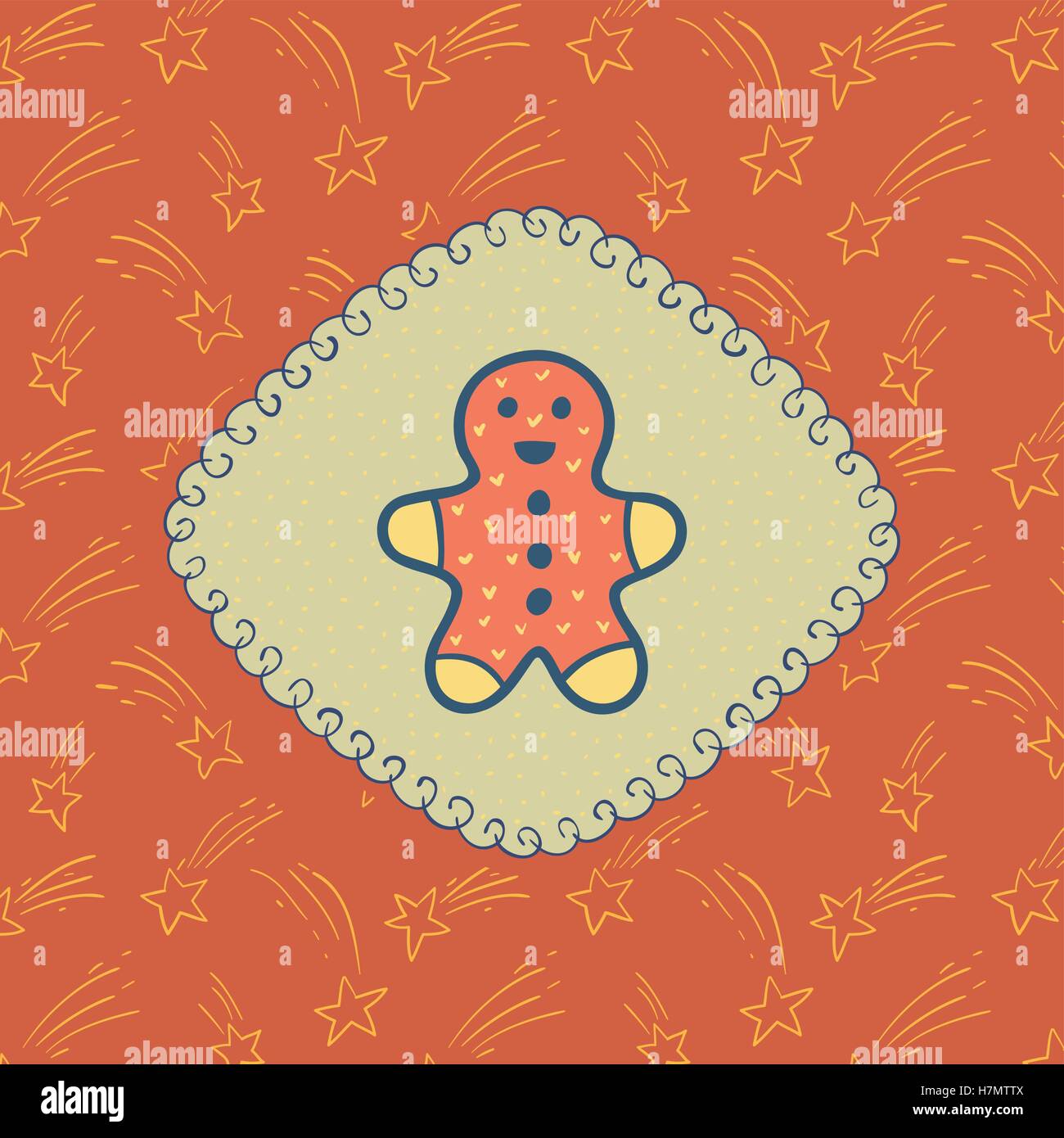 Christmas and New Year vintage ornate frame with Gingerbread Man symbol. Doodle illustration greeting card. Stock Vector