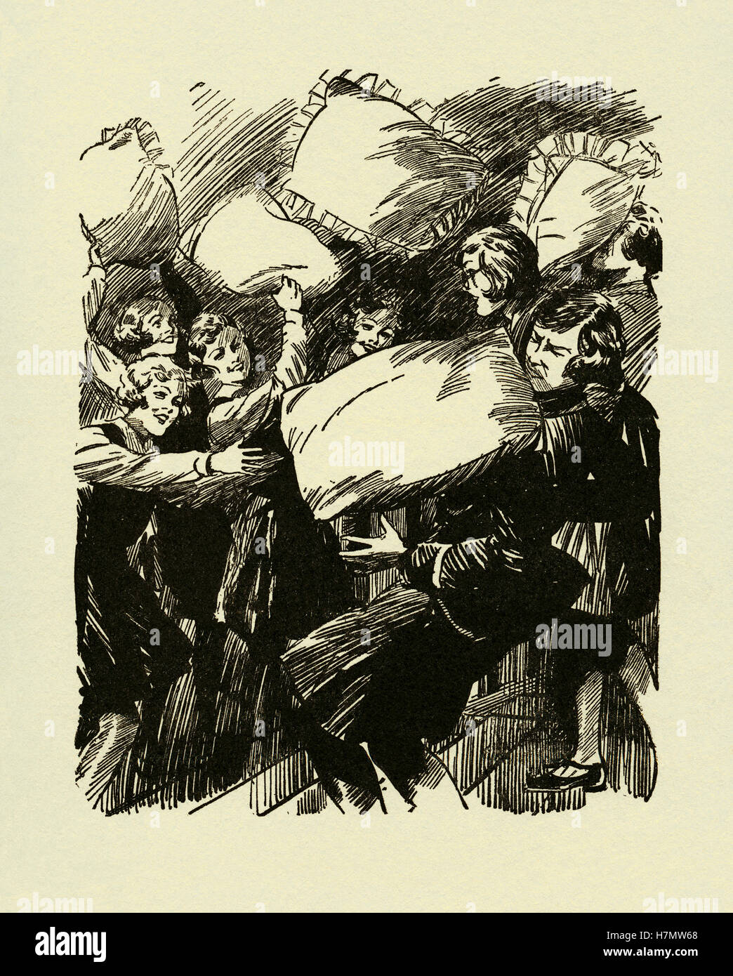 A 1930s illustration of school girls having a pillow fight that appeared in a children’s annual Stock Photo