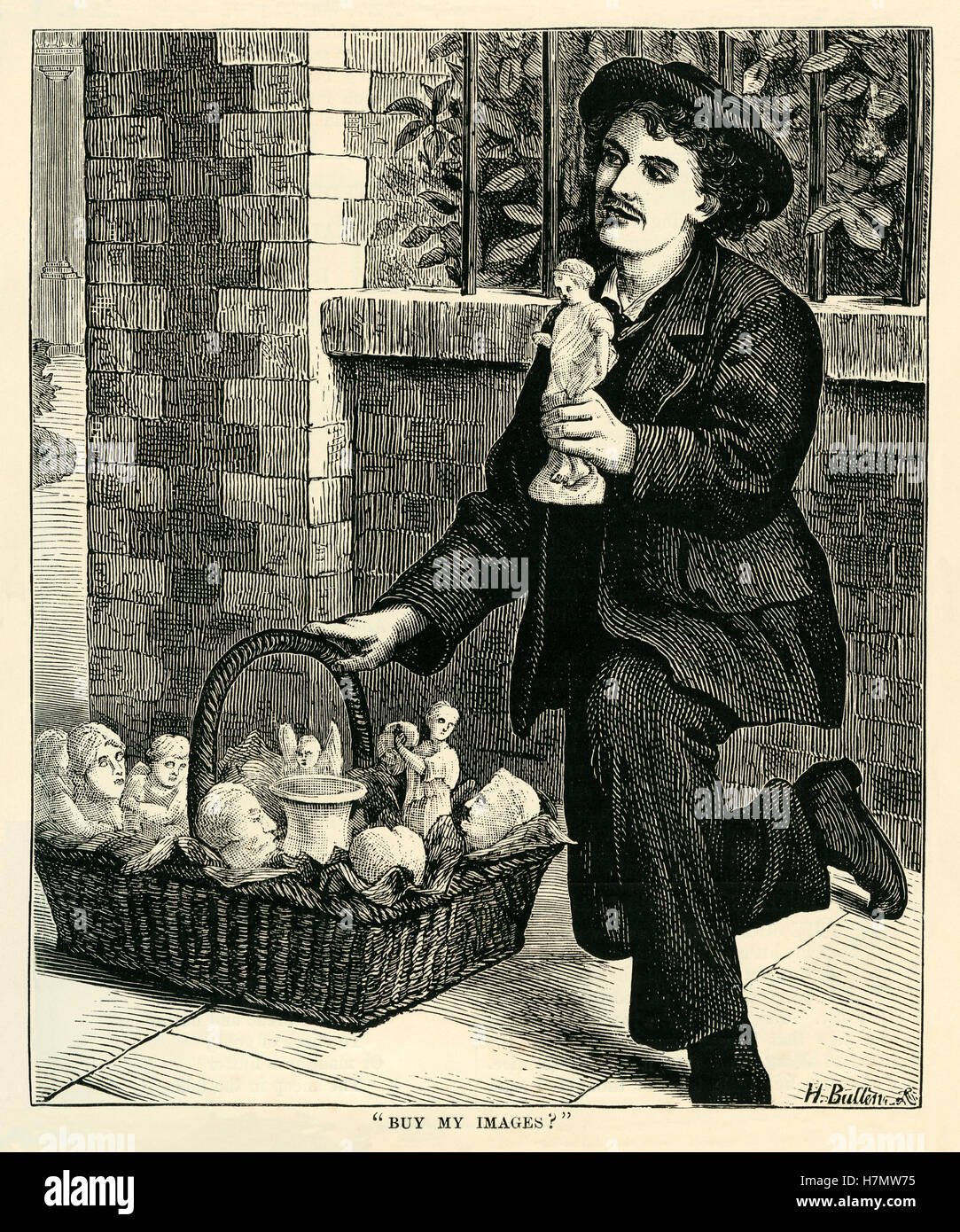 Victorian book illustration of of 1877 showing a Victorian street trader selling mass-produced religious icons or ‘images’ Stock Photo