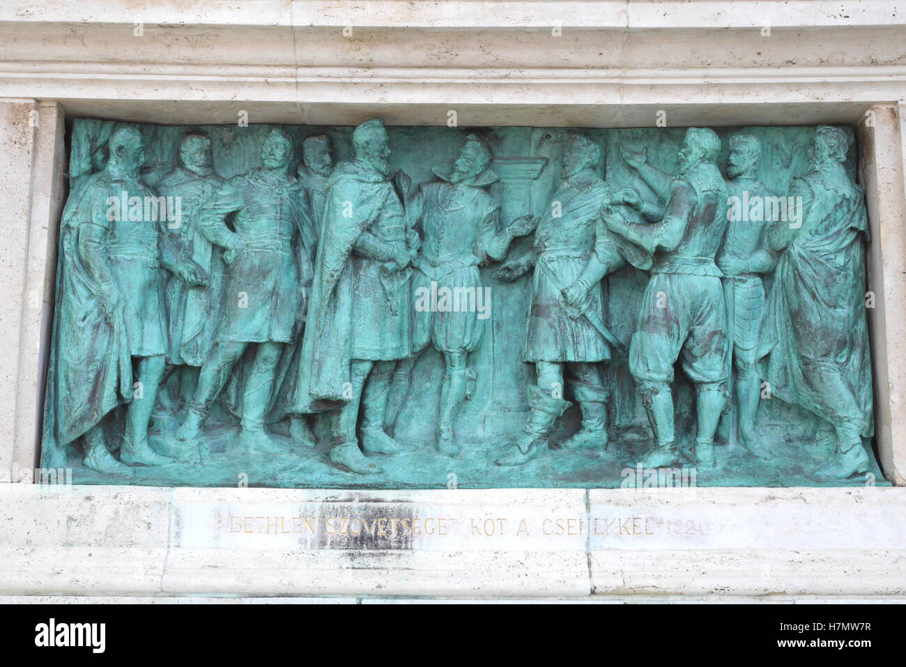 Bronze relief of uncrowned king, Gabriel Bethlen, colonnade of the Millennium Monument, Heroes' Square, Budapest, Hungary Stock Photo