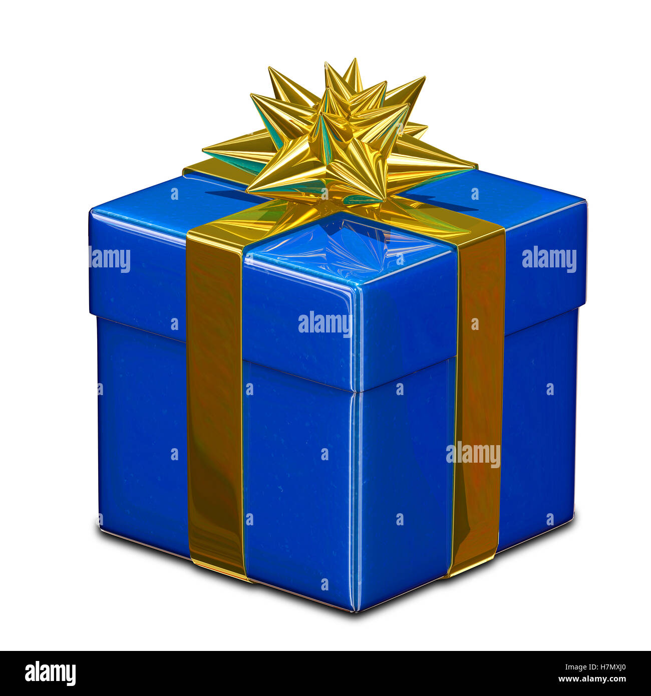 3D Illustration of Blue Gift Box with Golden Ribbon Stock Photo - Alamy
