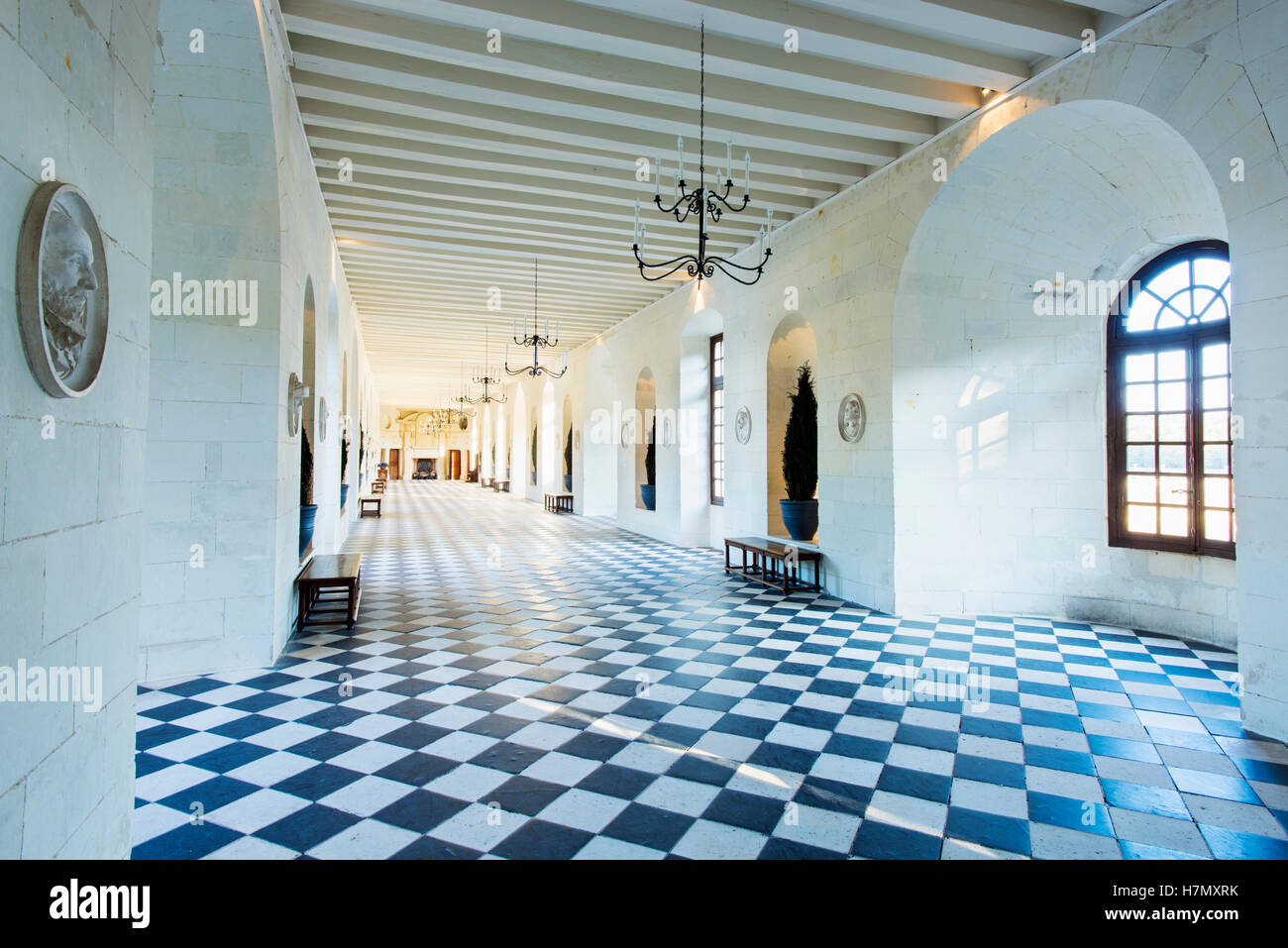 The gallery over the bridge of Chateau de Chenonceau, spanning the River Cher in the Loire Valley in France Stock Photo