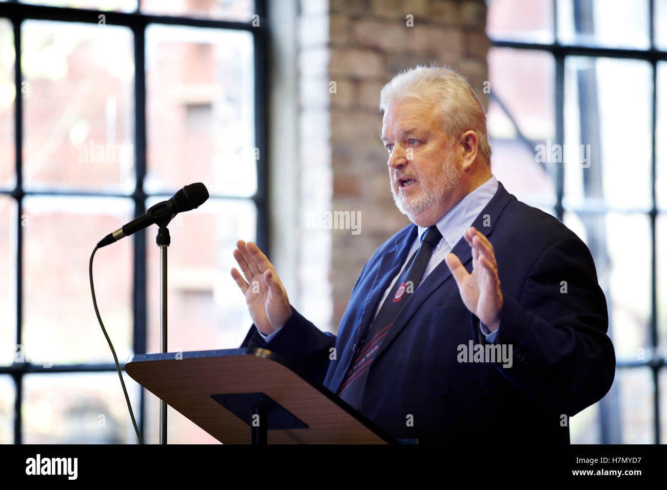 Shadow Scottish Secretary Dave Anderson speaks at a meeting held at the National Mining Museum Scotland, Newtongrange, Midlothian, where an appeal was made for an inquiry into Scottish policing during the Miners' Strike. Stock Photo