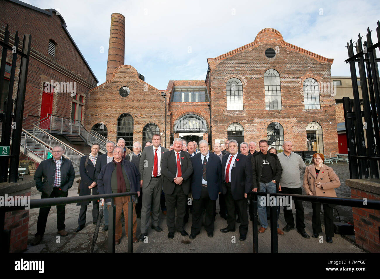 (from left, centre) Neil Findley MSP, Nicky Wilson, president of the National Union of Mineworkers, Shadow Scottish Secretary Dave Anderson, and former miner and MP for Midlothian David Hamilton along with a group of former mine workers at the National Mining Museum Scotland, Newtongrange, Midlothian, where an appeal was made for an inquiry into Scottish policing during the Miners' Strike. Stock Photo