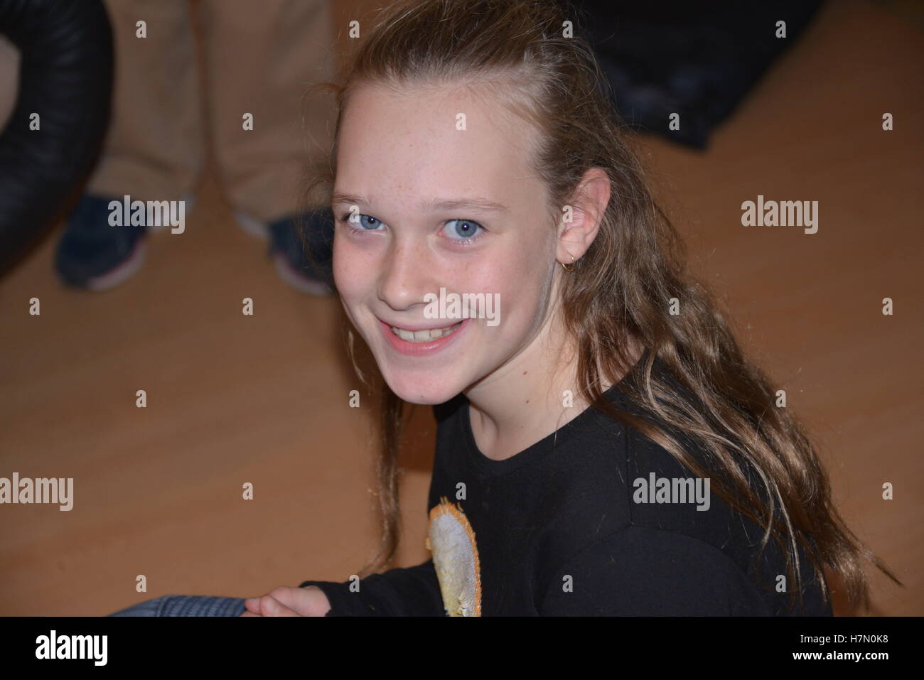 Young Early Teen Girl Fresh Faced Smiling Long Hair Blue Eyes Stock