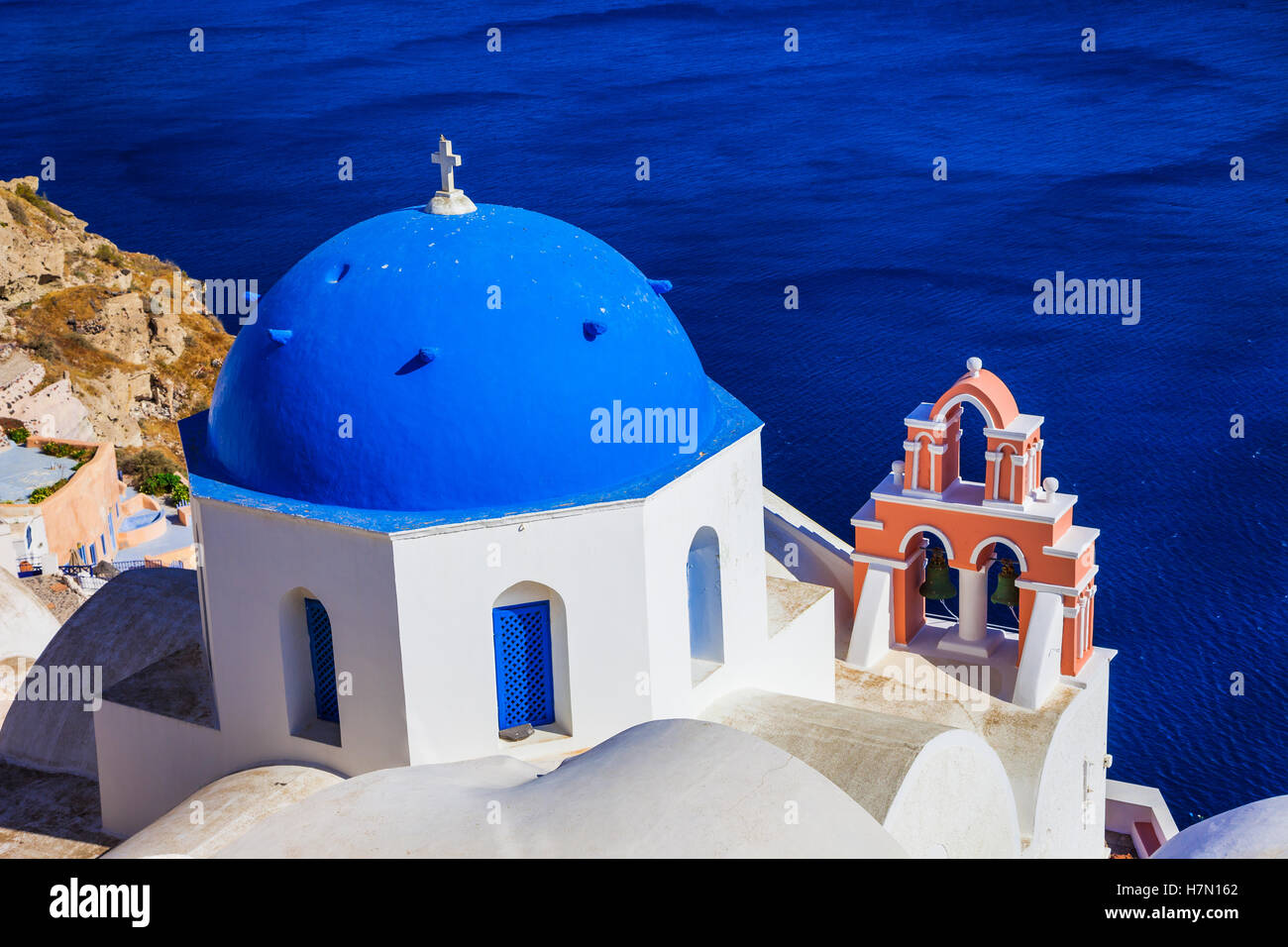 Traditional Greece - blue domes of Santorini Stock Photo