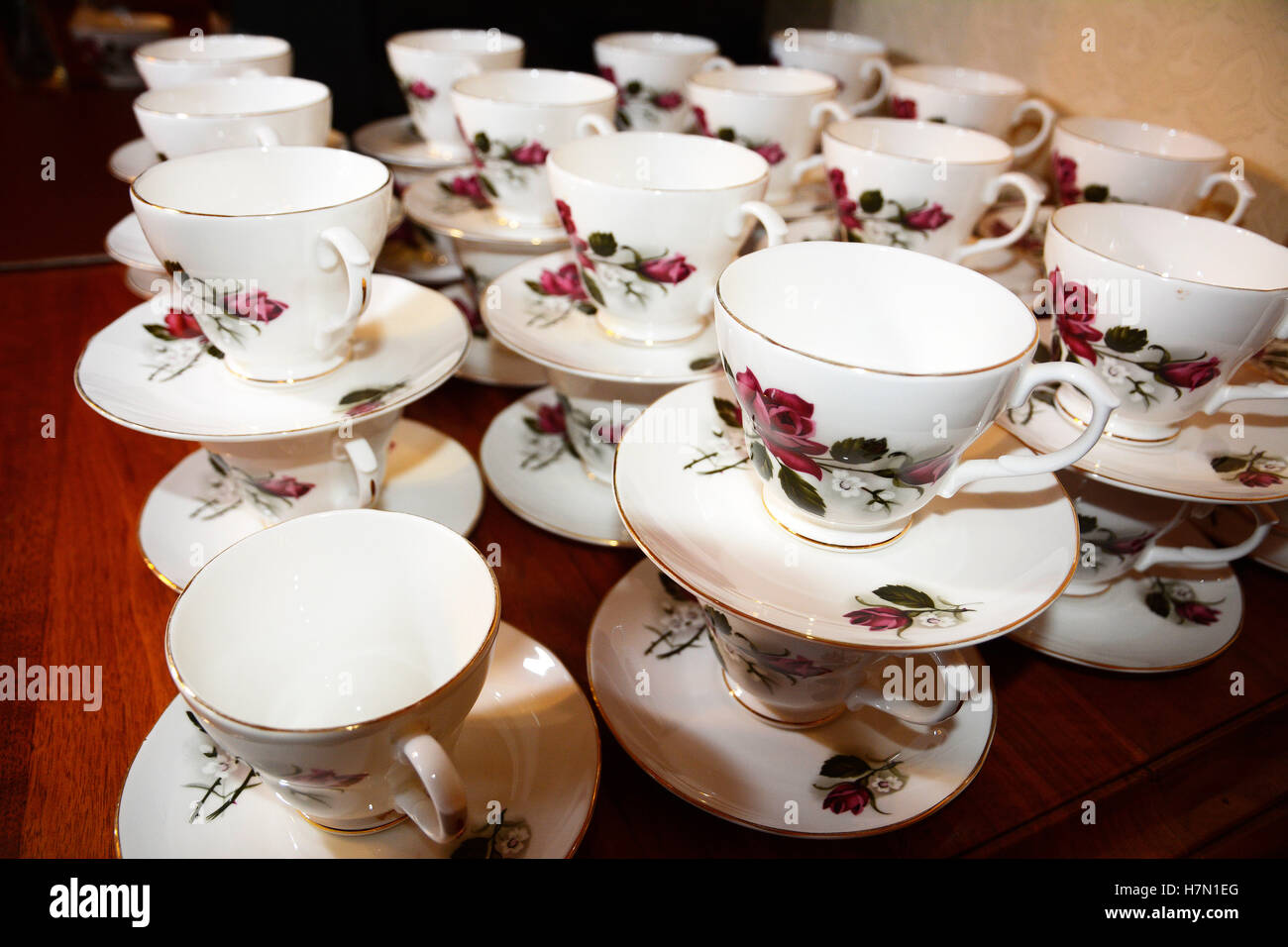 Bone china T cups stacked in the Town Council building in Walsall, UK. Stock Photo