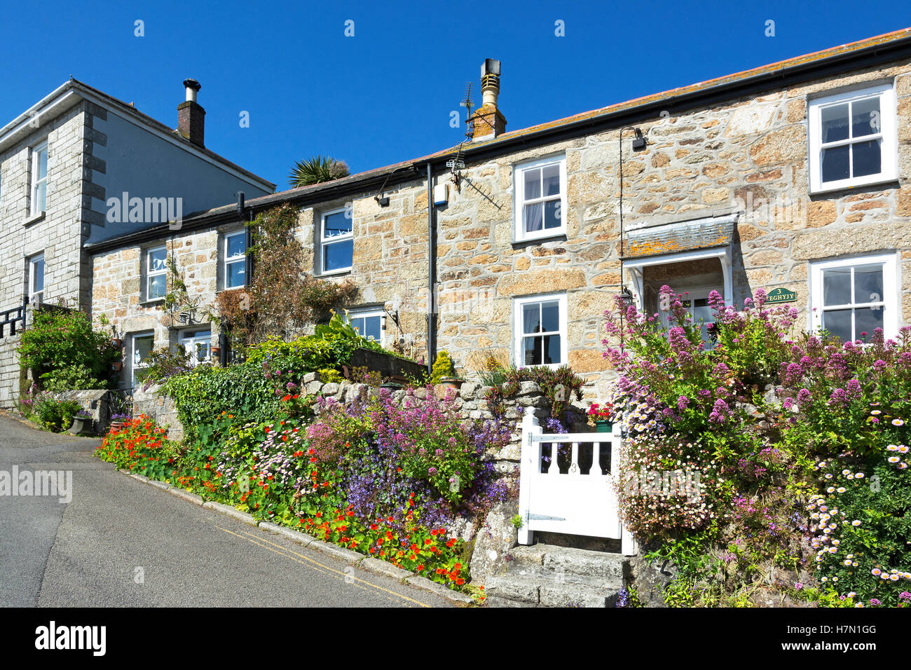 Cottages in the coastal village of Mousehole, Cornwall, England, UK
