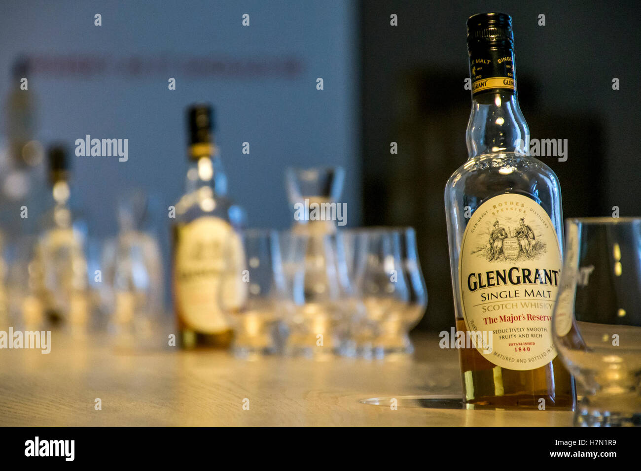 United Kingdom Scotland 17.05.2016 Glen Grant Speyside Single Malt Scotch Whisky Trails Distillery visit production bottles Stock Photo