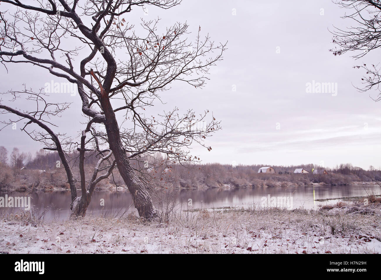 First snow on the riverbank. Belarus autumn morning landscape Stock Photo
