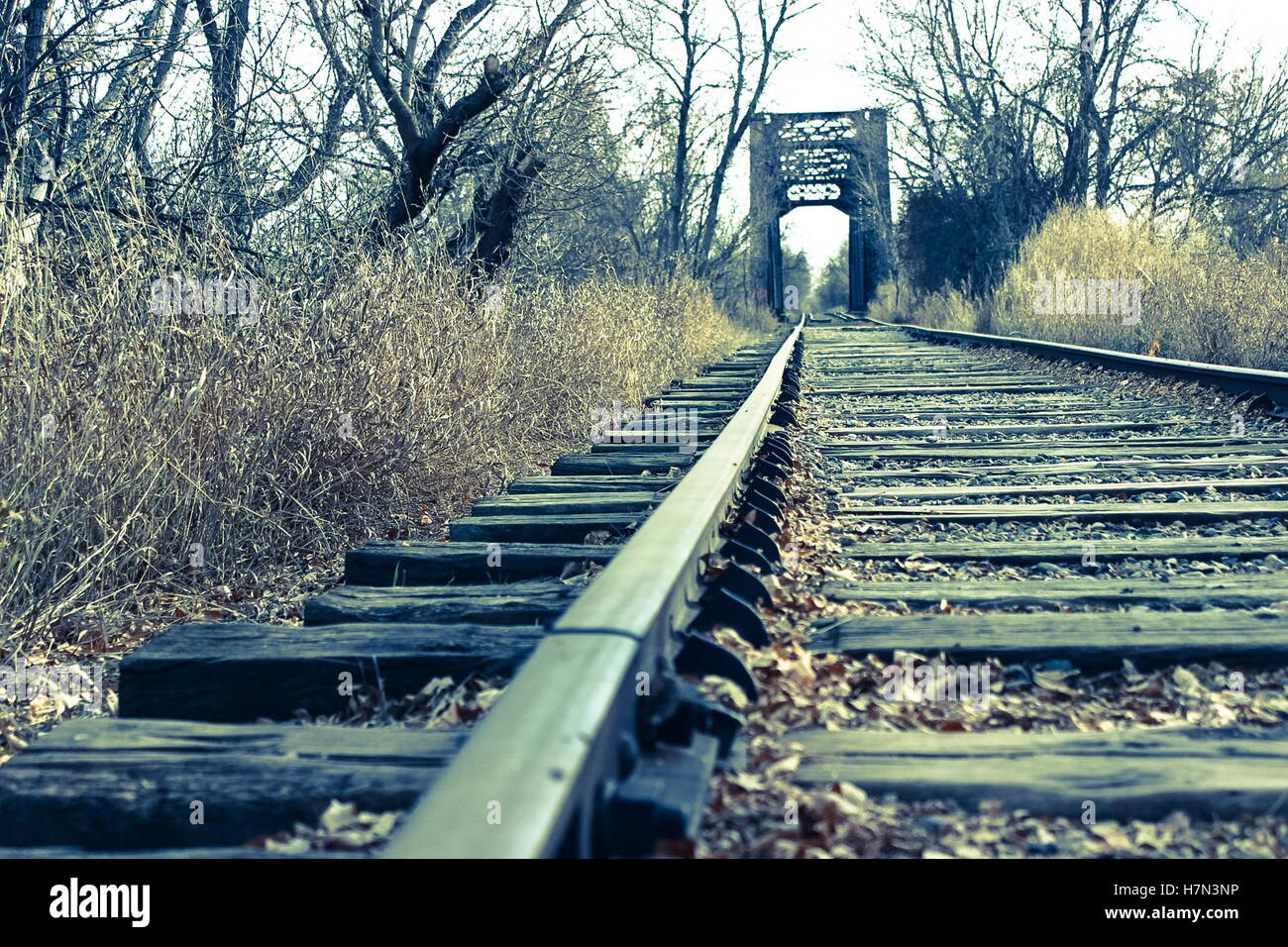 close up steel train bridge and tracks Stock Photo