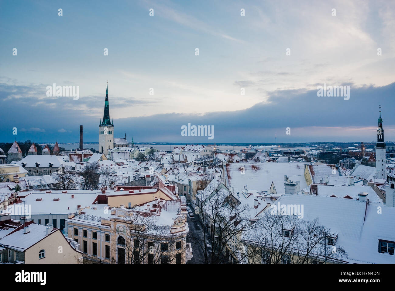 Winter cityscape of Tallinn old town by sunrise, Estonia Stock Photo