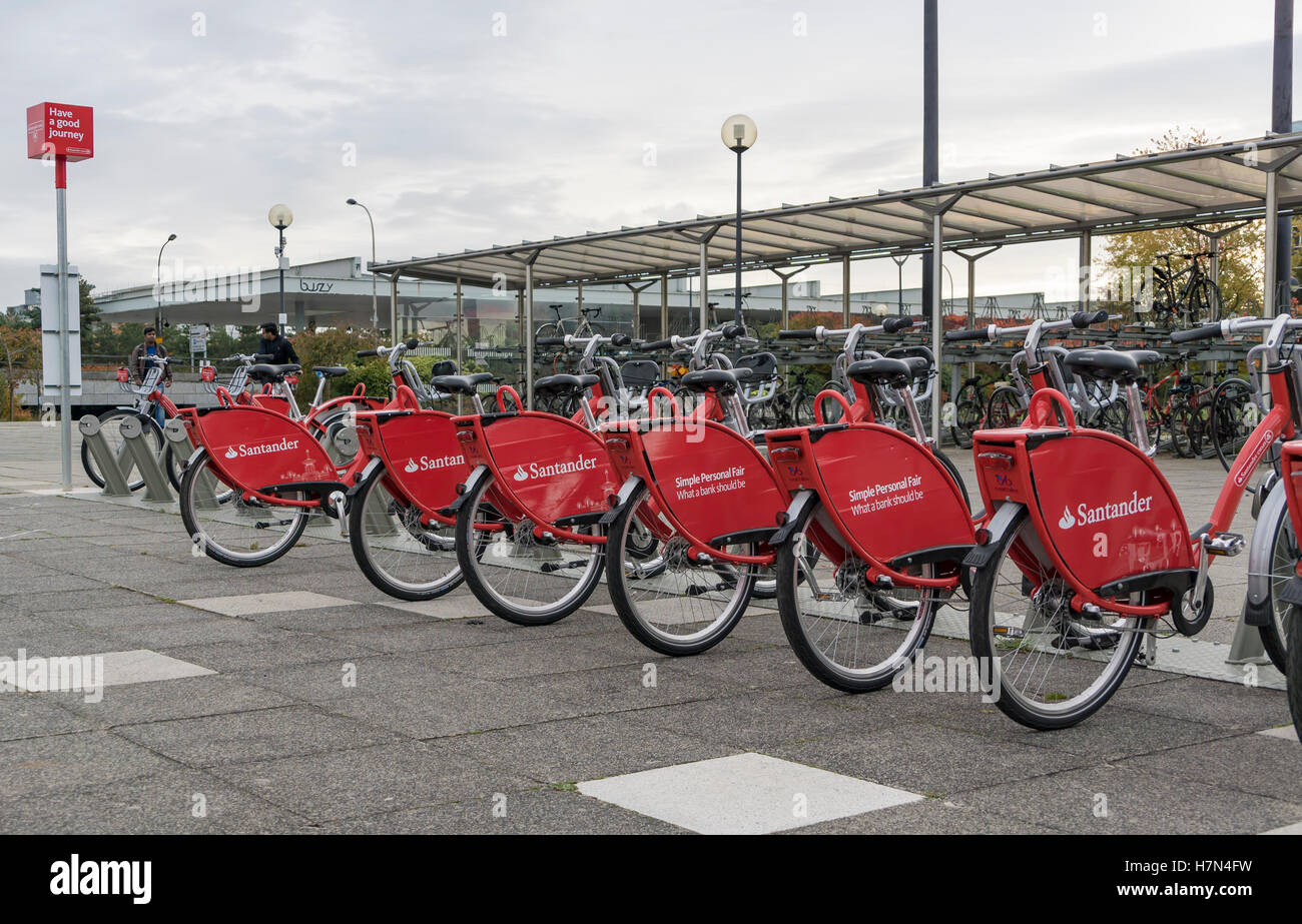Santander push bikes at Central Milton Keynes Train Station Stock Photo