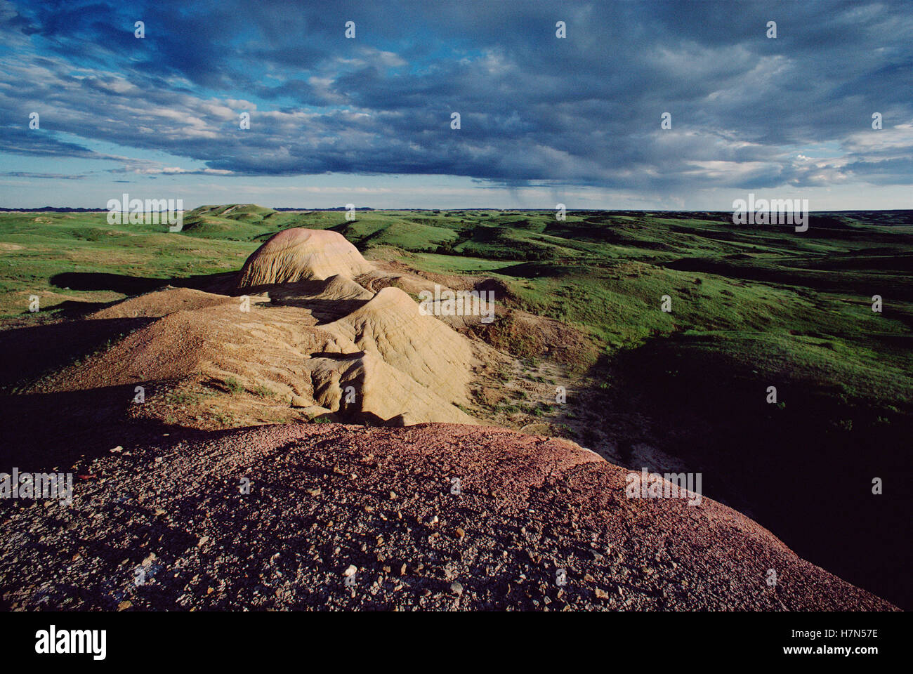 Sedimentary hills sculpted by wind and weather, Badlands National Park, South Dakota Stock Photo