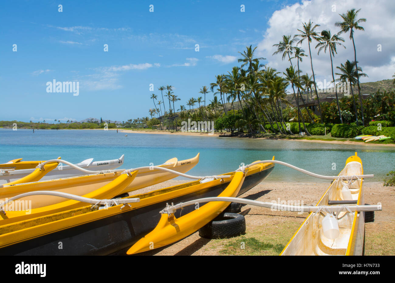 Honolulu Hawaii Oahu Outrigger canoes at Maunalua Bay in South Oahu