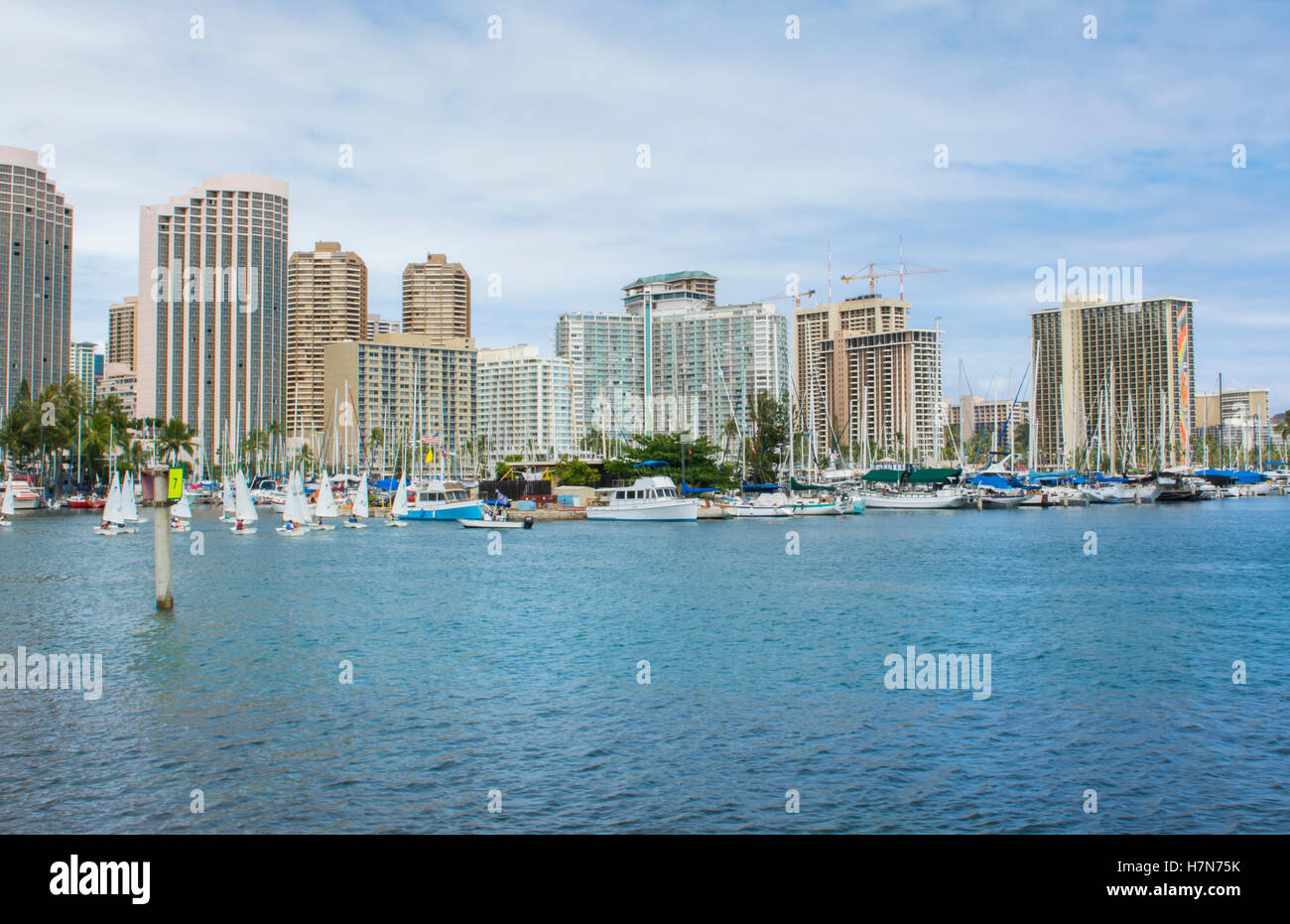 Honolulu Hawaii Oahu skyline from boat marina with sailboats school on