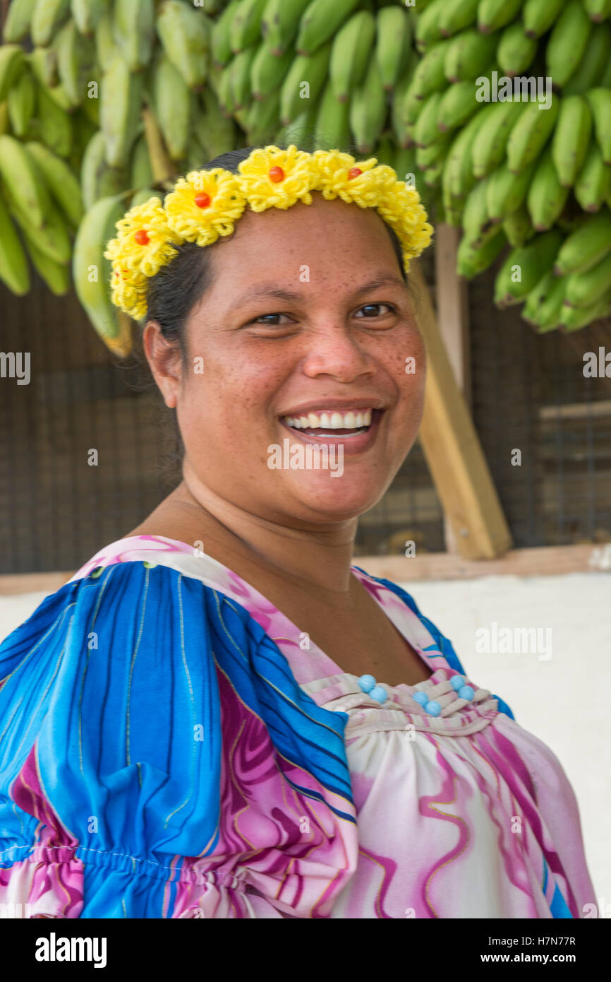 Pohnpei Micronesia beautiful local woman portrait with traditional dress and bananas model released MR, MR-3 Stock Photo
