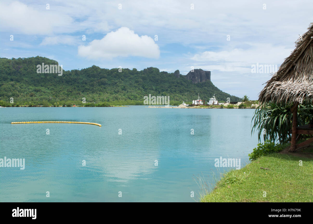 Pohnpei Micronesia beautiful scenic with straw hut and mountains Stock Photo